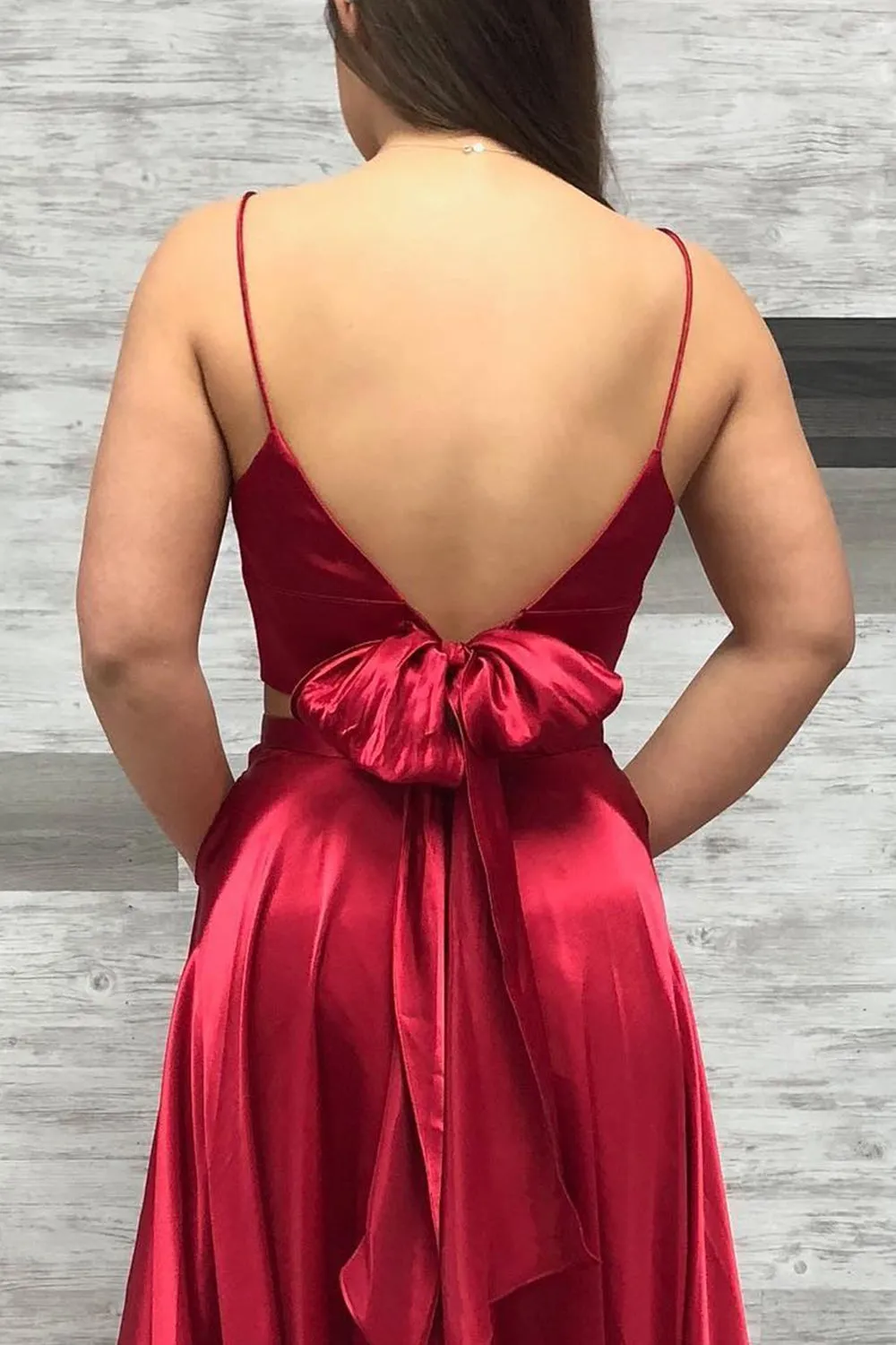 MACloth Straps V neck Two Piece Royal Blue Prom Dress Formal Evening Gown