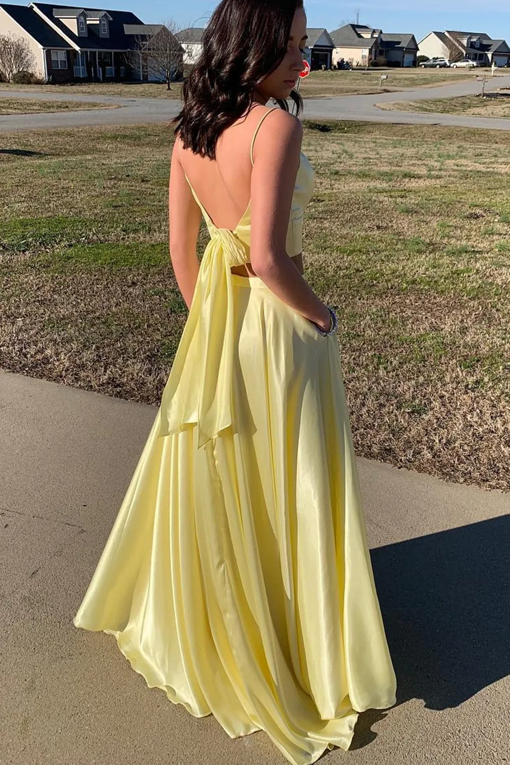 MACloth Straps V neck Two Piece Royal Blue Prom Dress Formal Evening Gown