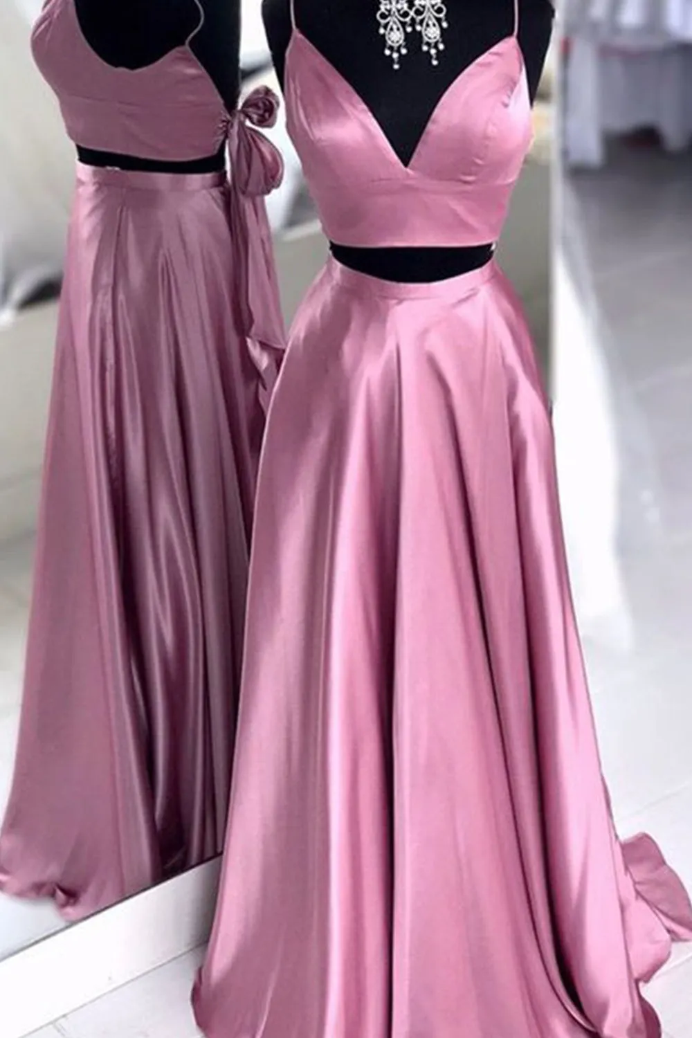 MACloth Straps V neck Two Piece Royal Blue Prom Dress Formal Evening Gown