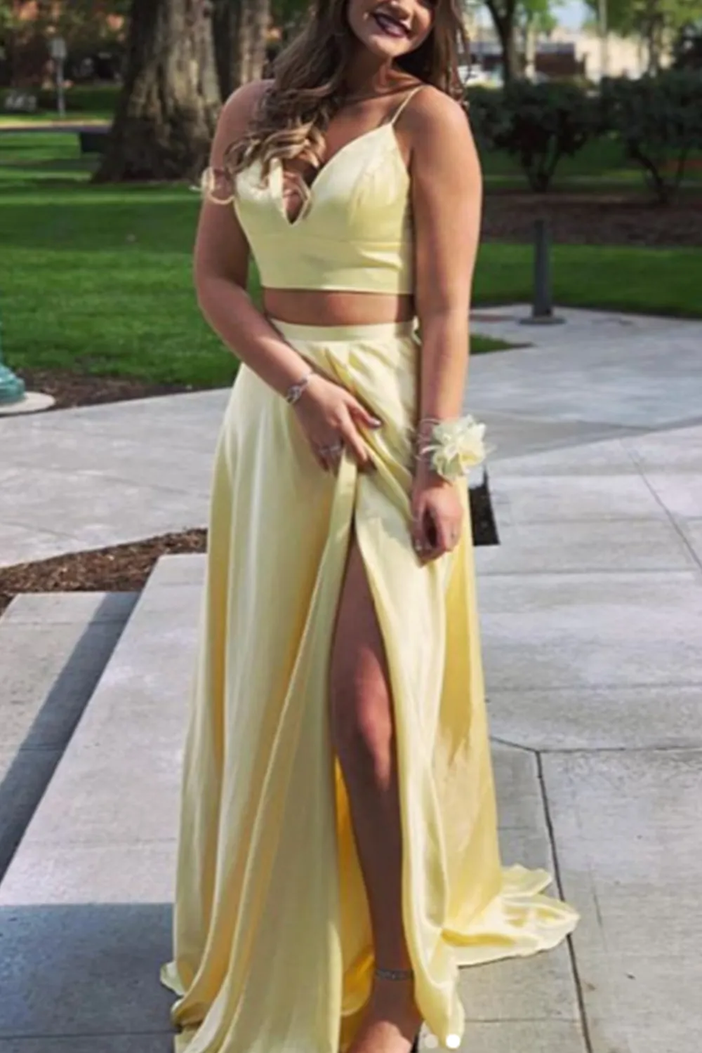 MACloth Straps V neck Two Piece Royal Blue Prom Dress Formal Evening Gown