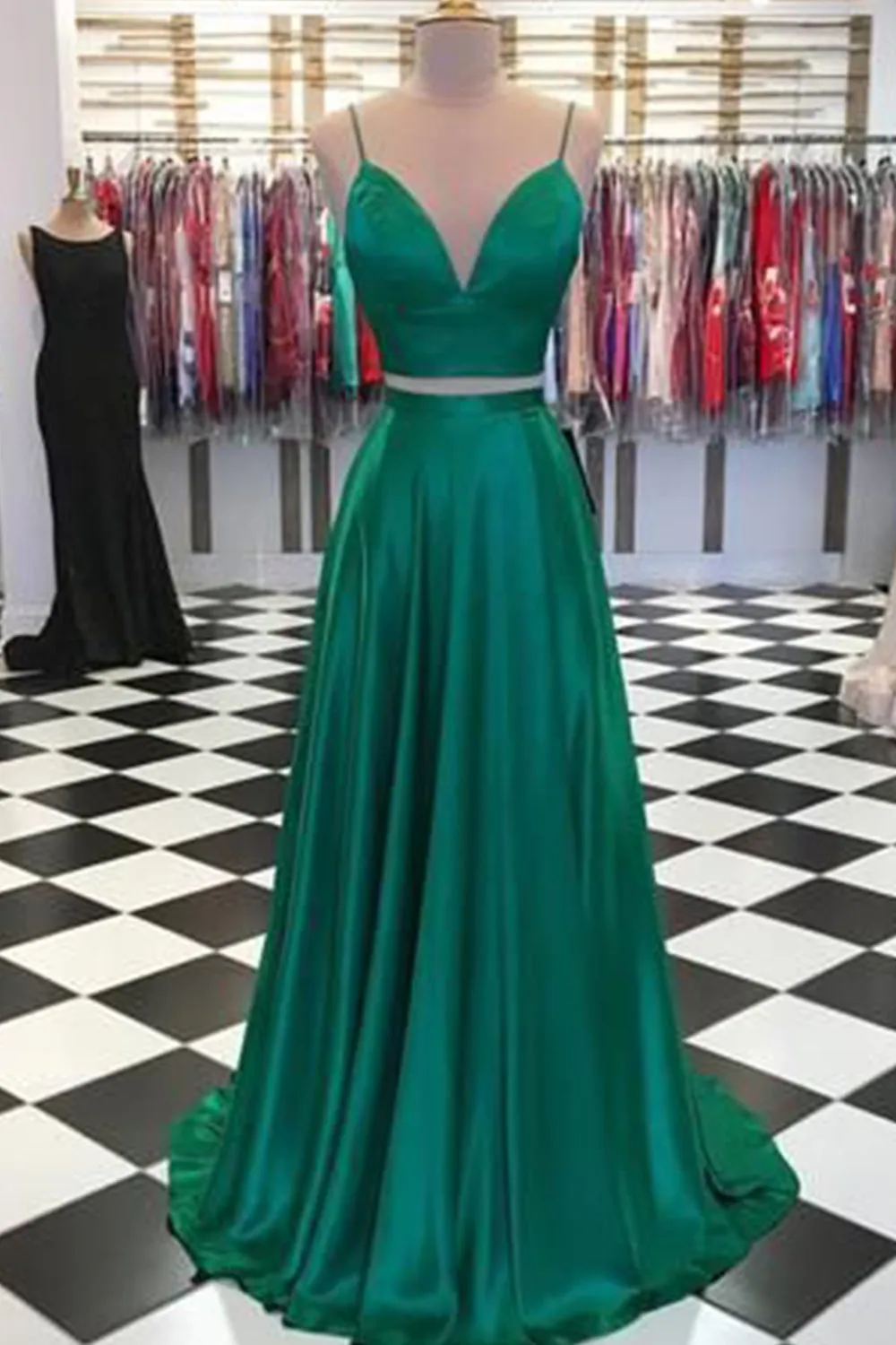 MACloth Straps V neck Two Piece Royal Blue Prom Dress Formal Evening Gown