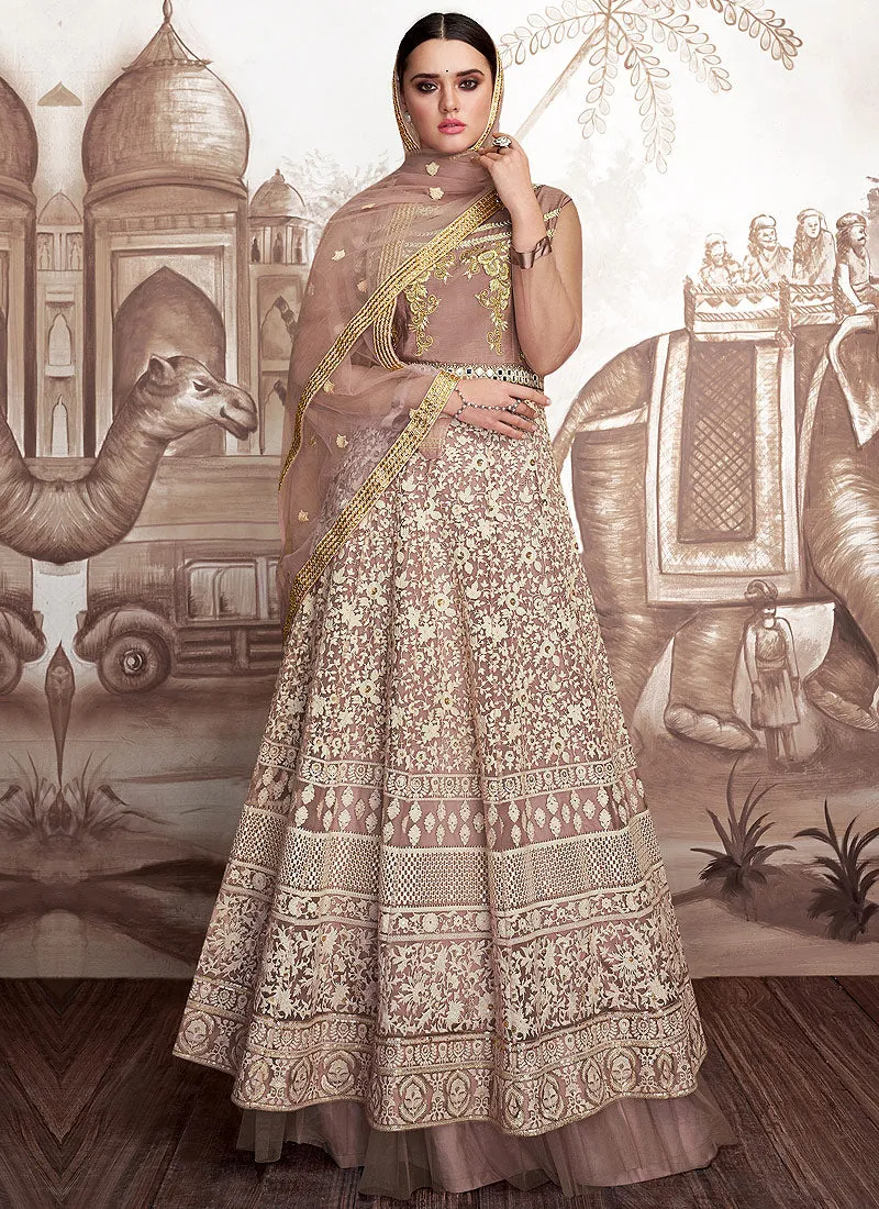 Mauve And Beige Embroidered Layered Anarkali Suit