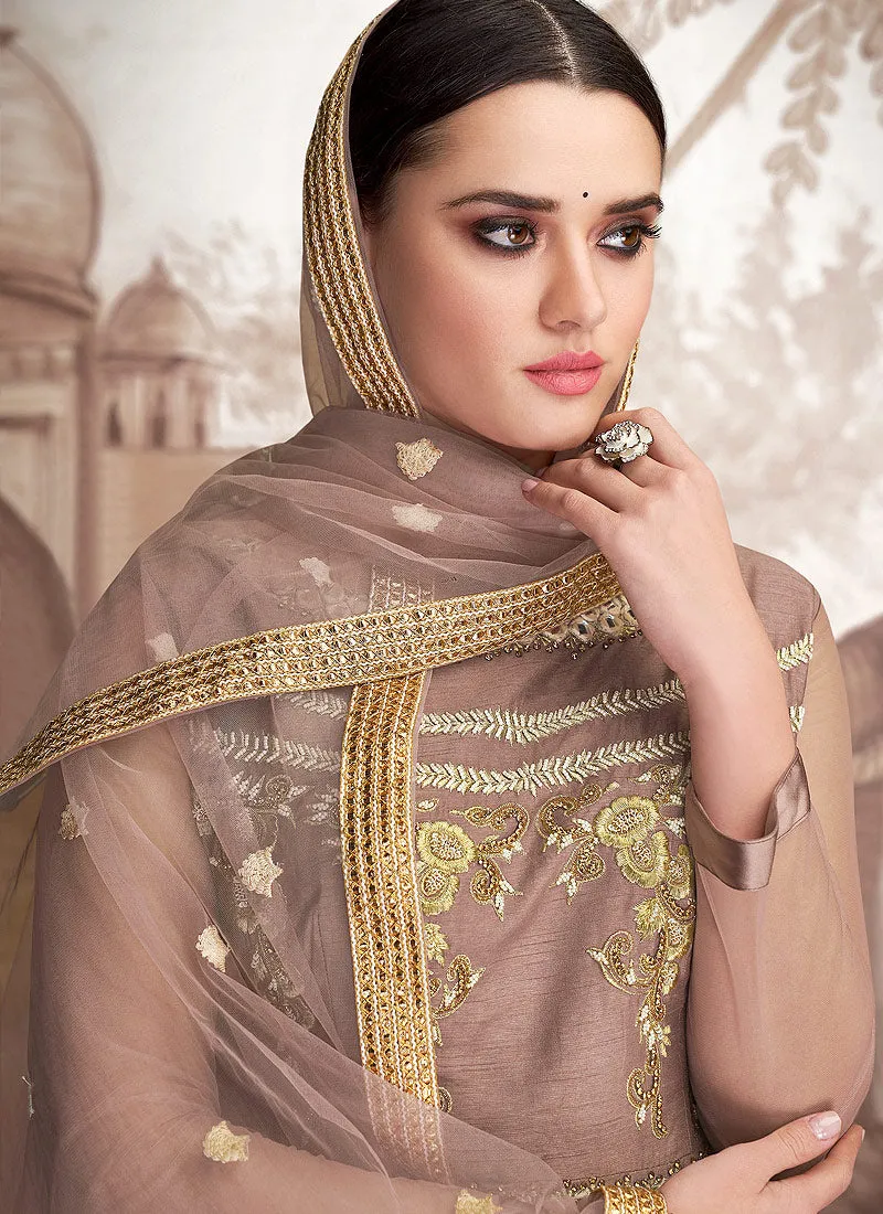 Mauve And Beige Embroidered Layered Anarkali Suit