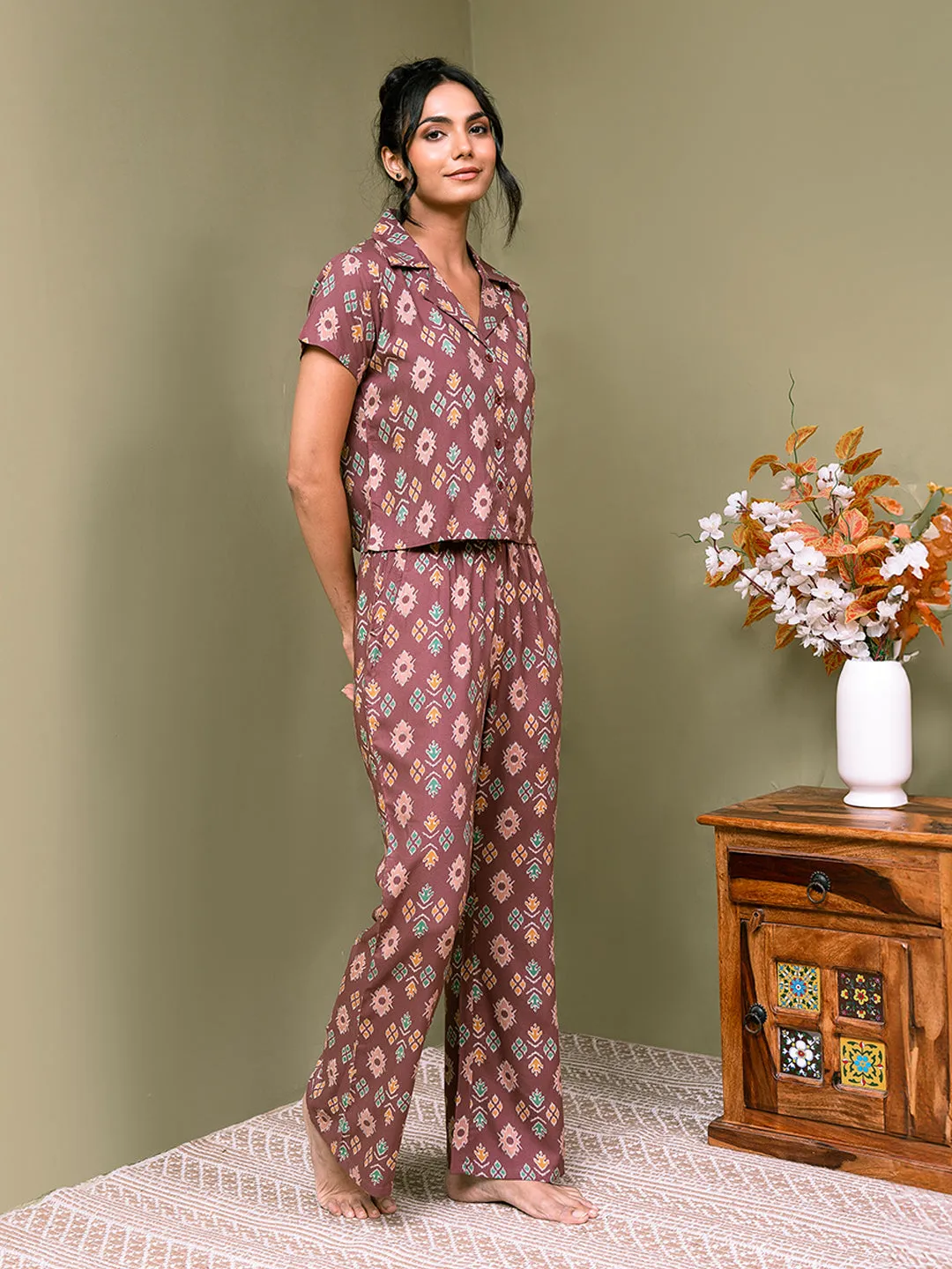 Mauve Color Abstract Printed Viscose Rayon Night Suit
