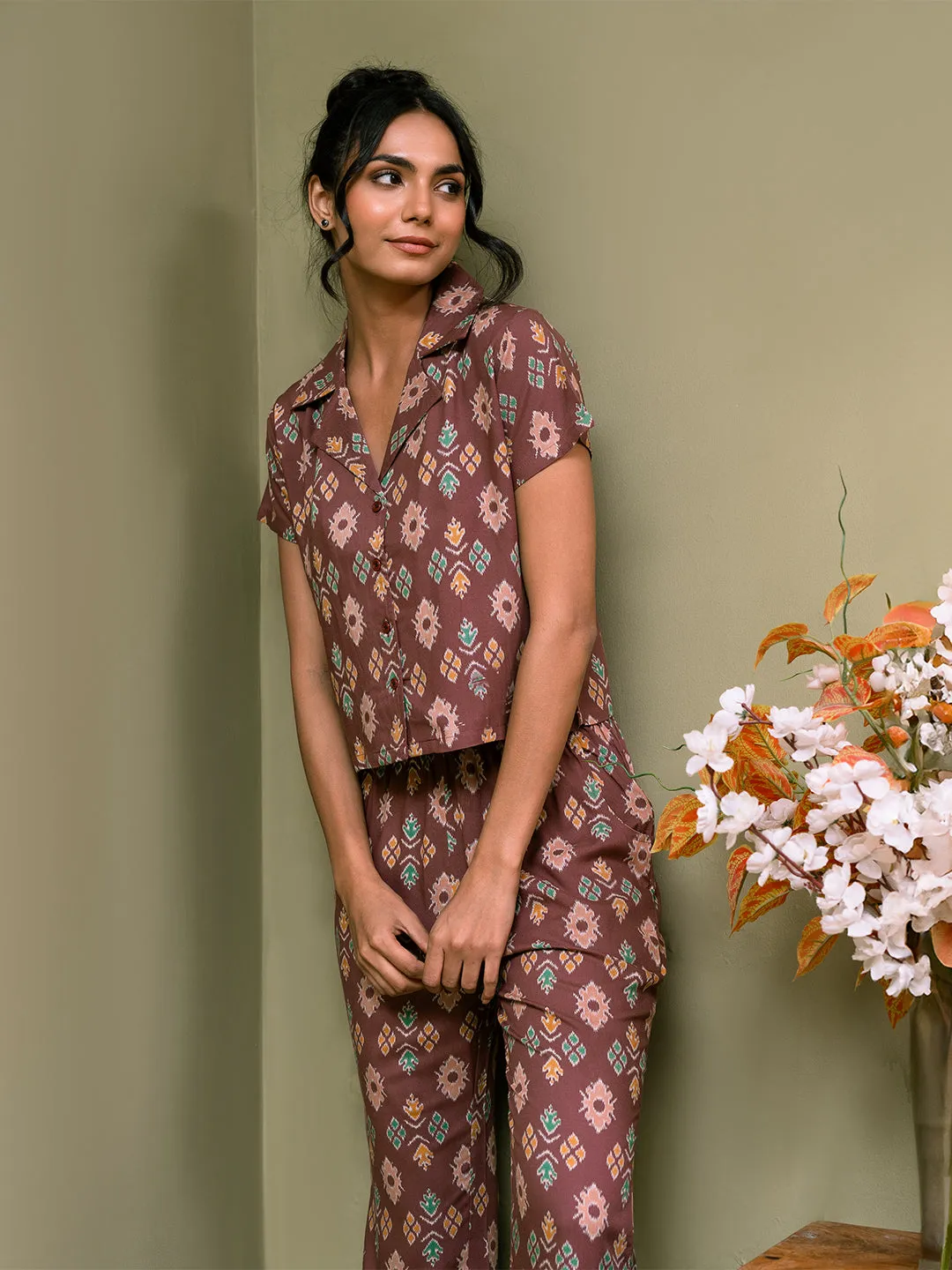 Mauve Color Abstract Printed Viscose Rayon Night Suit