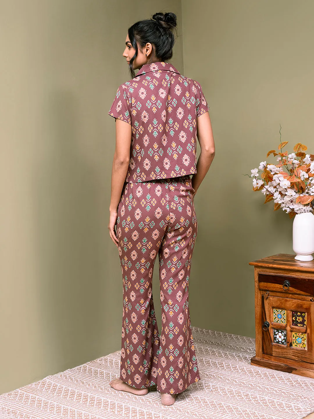 Mauve Color Abstract Printed Viscose Rayon Night Suit