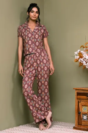 Mauve Color Abstract Printed Viscose Rayon Night Suit