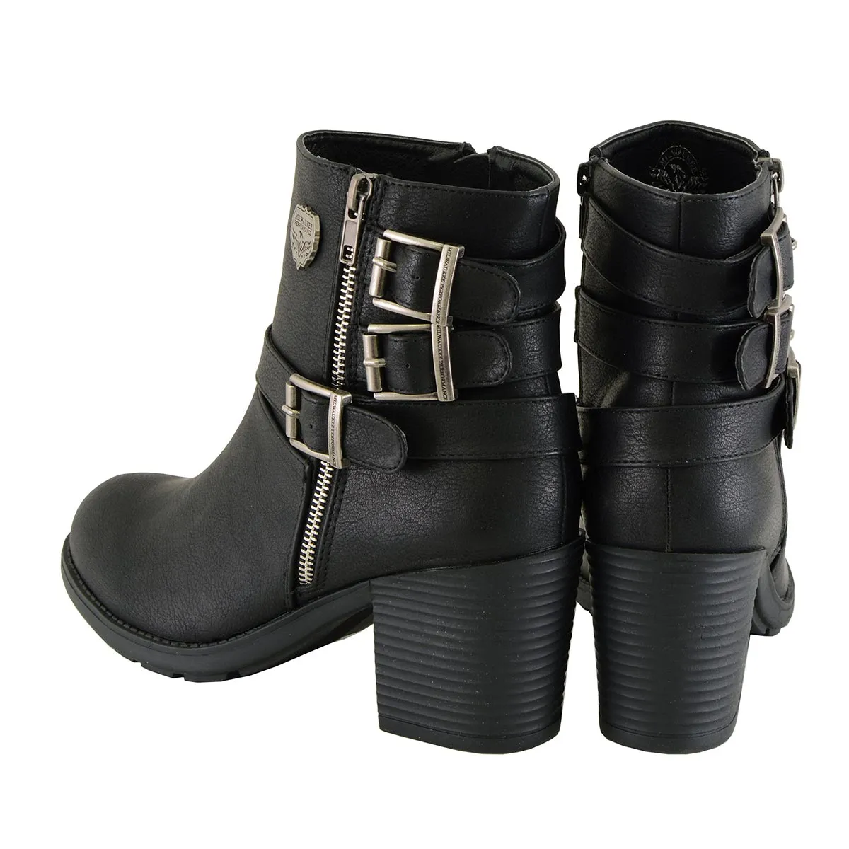 MBL9405 Women's Short Black Boots with Side Zipper and Triple Buckle Adjustment