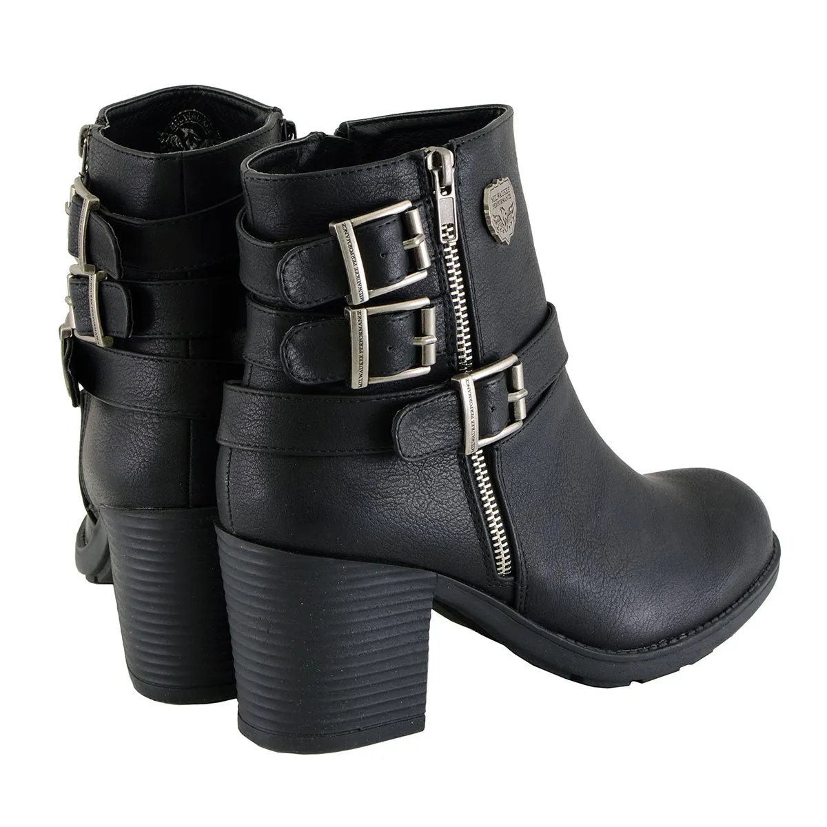 MBL9405 Women's Short Black Boots with Side Zipper and Triple Buckle Adjustment