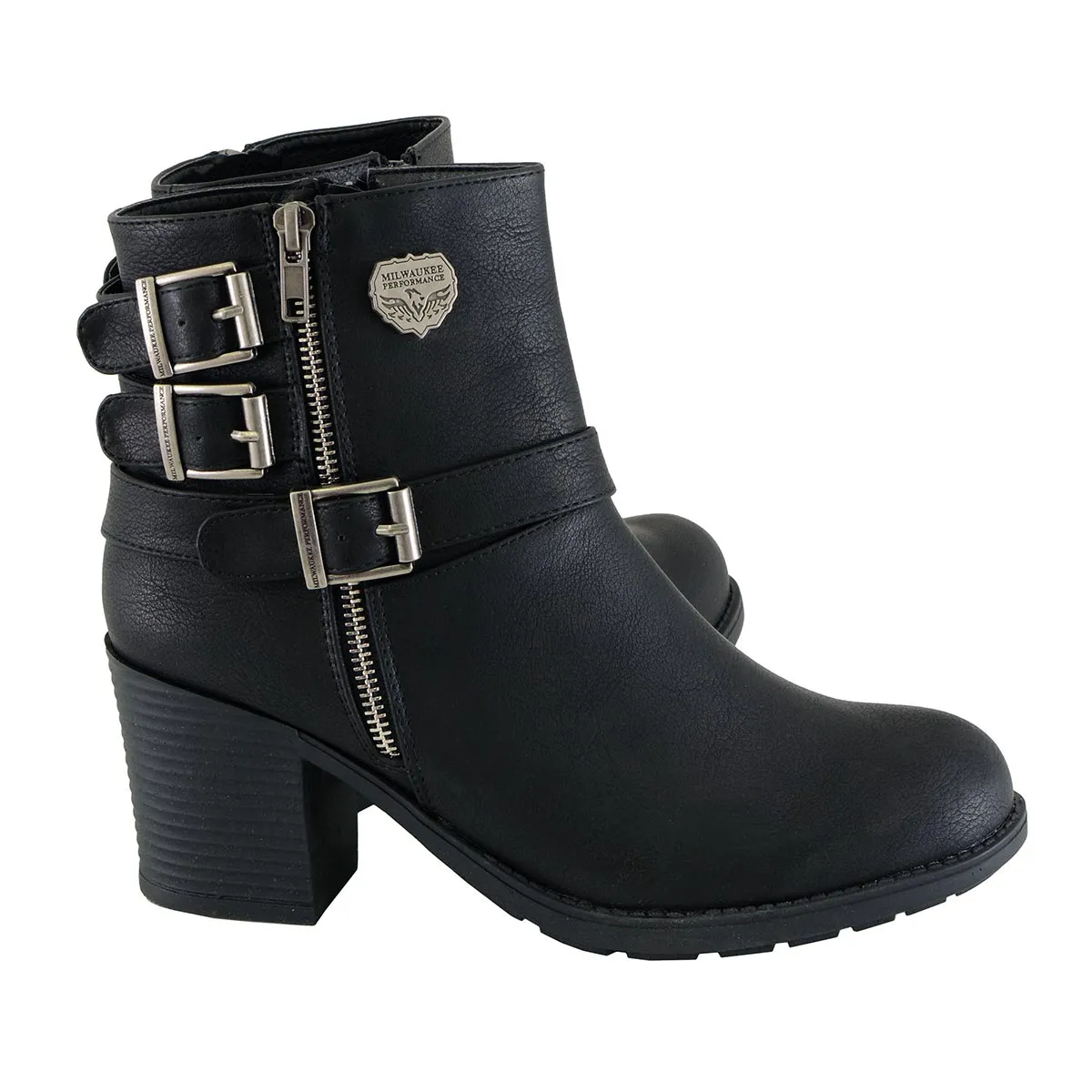 MBL9405 Women's Short Black Boots with Side Zipper and Triple Buckle Adjustment