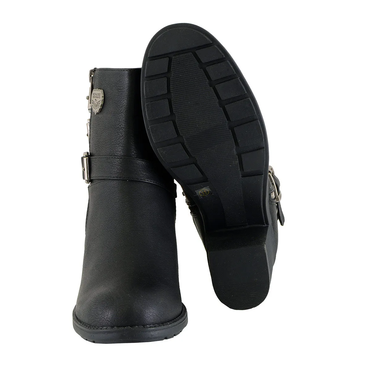 MBL9405 Women's Short Black Boots with Side Zipper and Triple Buckle Adjustment