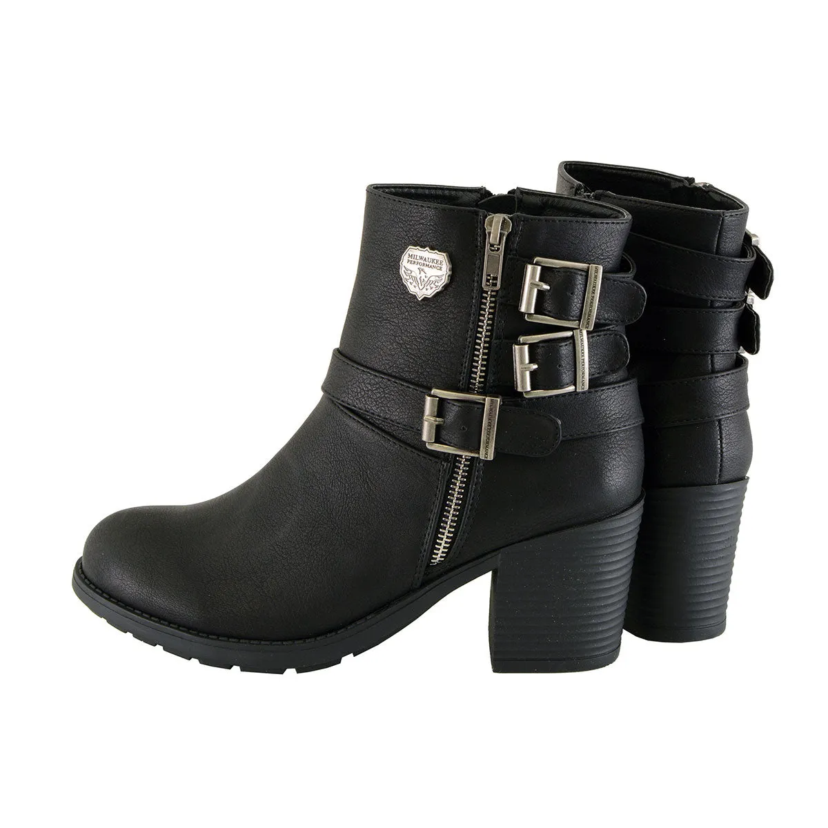 MBL9405 Women's Short Black Boots with Side Zipper and Triple Buckle Adjustment