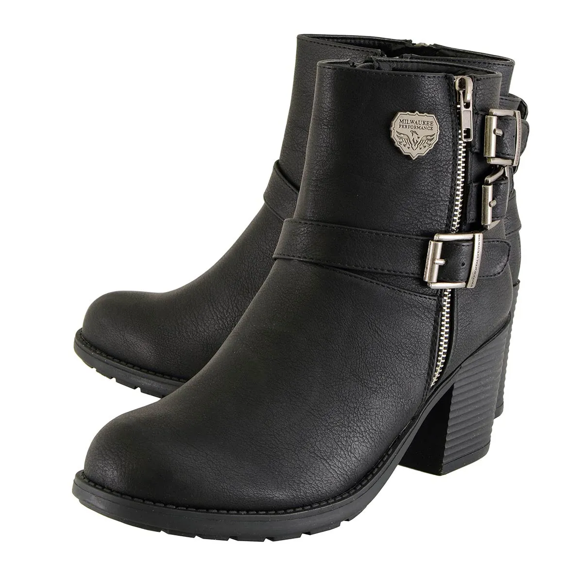 MBL9405 Women's Short Black Boots with Side Zipper and Triple Buckle Adjustment