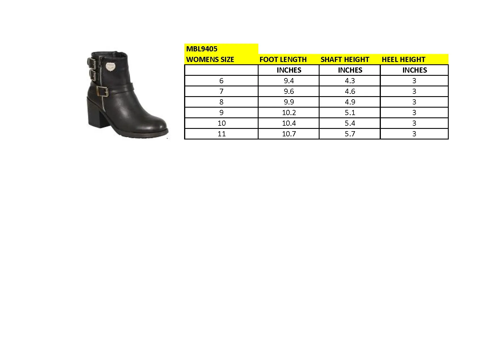 MBL9405 Women's Short Black Boots with Side Zipper and Triple Buckle Adjustment