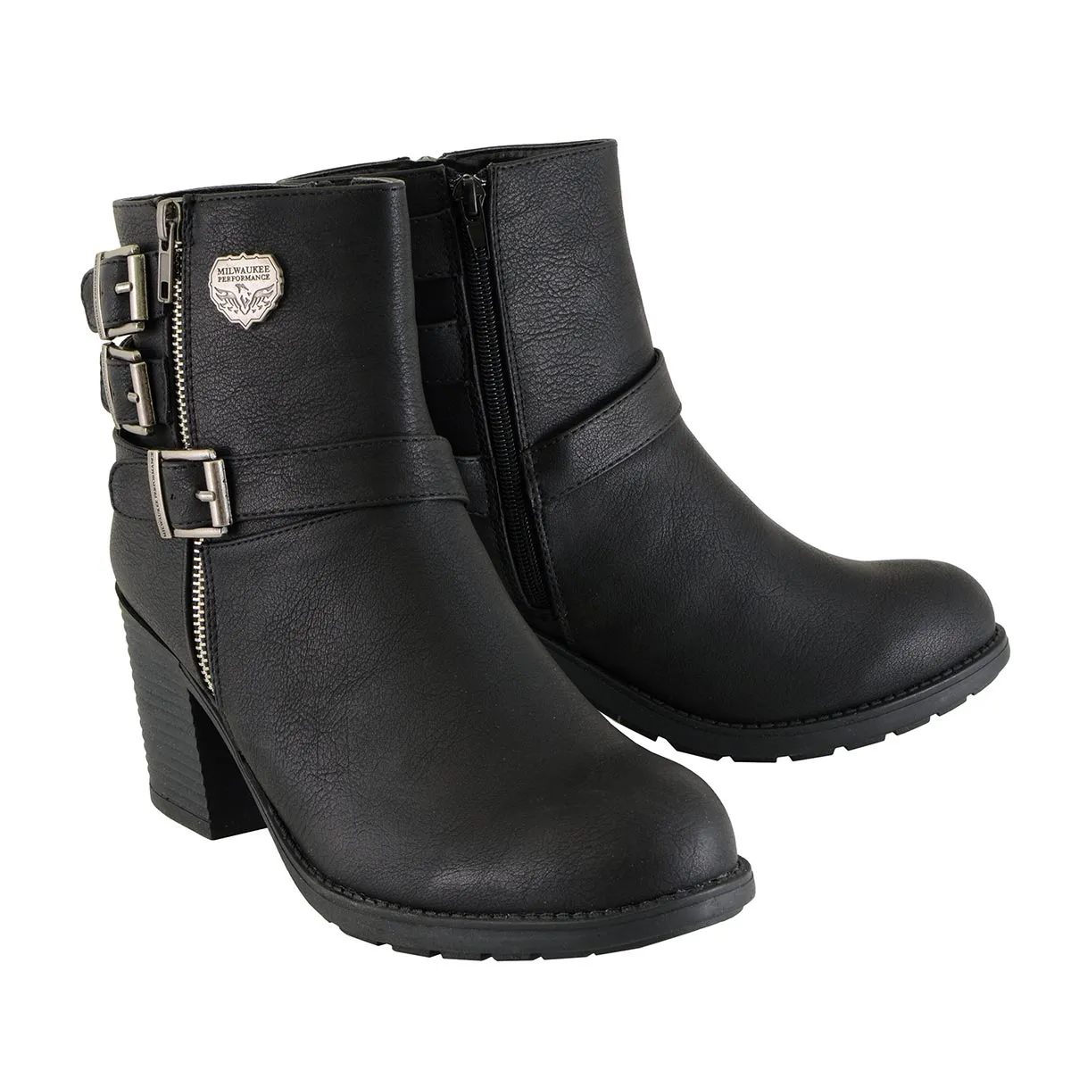 MBL9405 Women's Short Black Boots with Side Zipper and Triple Buckle Adjustment