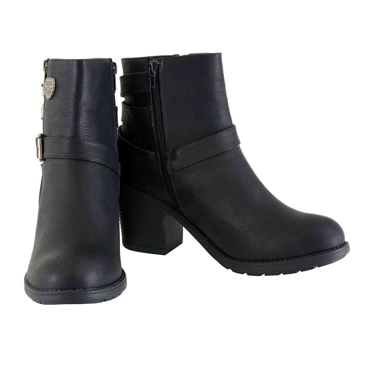 MBL9405 Women's Short Black Boots with Side Zipper and Triple Buckle Adjustment