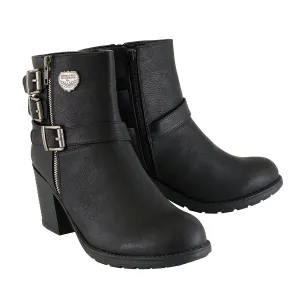 MBL9405 Women's Short Black Boots with Side Zipper and Triple Buckle Adjustment