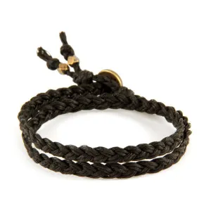 Mens Braided Black Waxed Linen Double Wrap Bracelet With Brass Beads