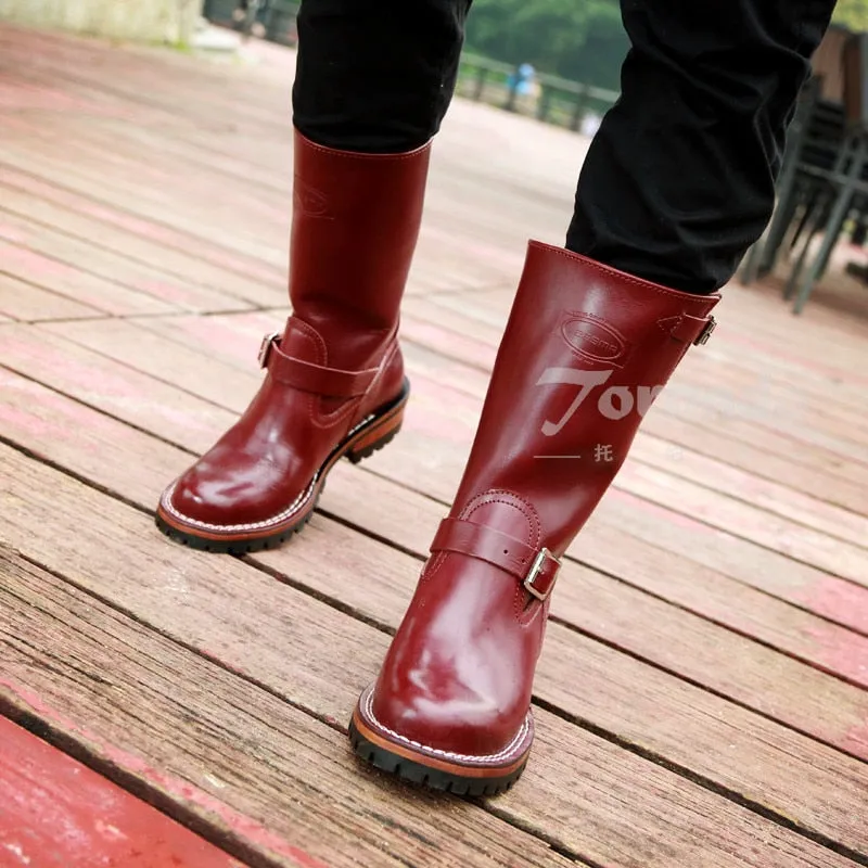 Men's Genuine Italian Cow Leather Footwear  Engineer Boots