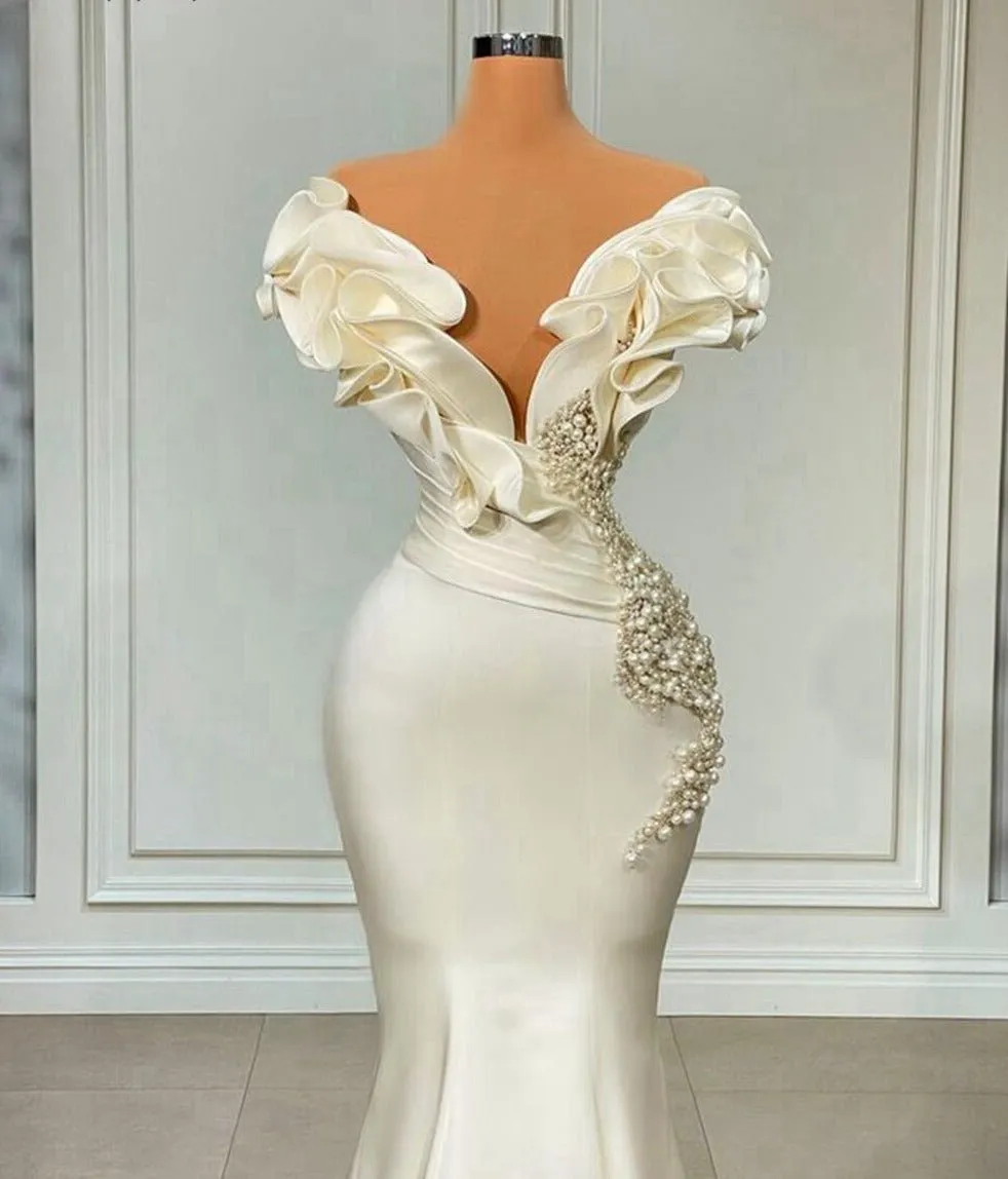 Mermaid V-neck Beaded White Satin Women Formal Evening Gowns