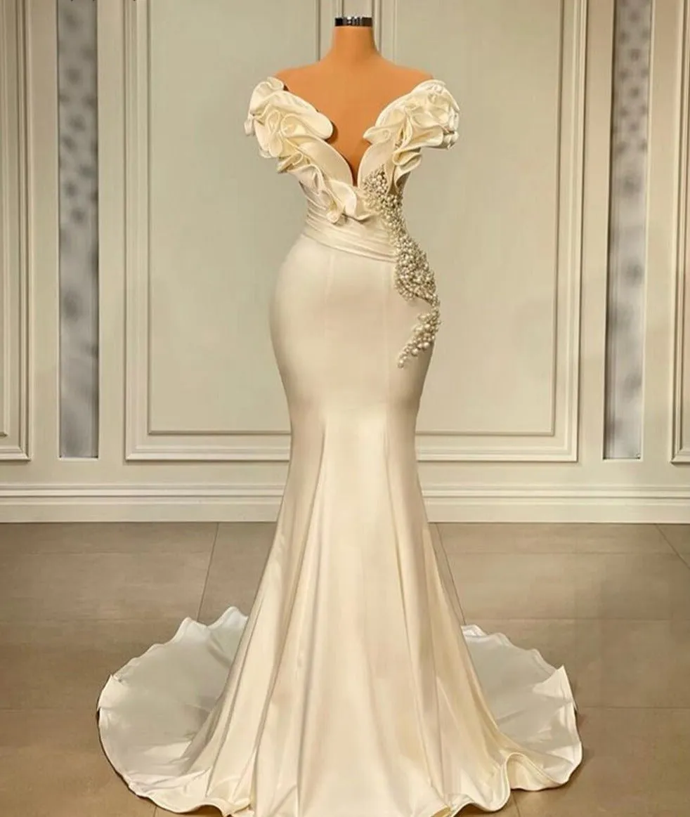 Mermaid V-neck Beaded White Satin Women Formal Evening Gowns