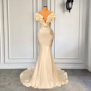Mermaid V-neck Beaded White Satin Women Formal Evening Gowns