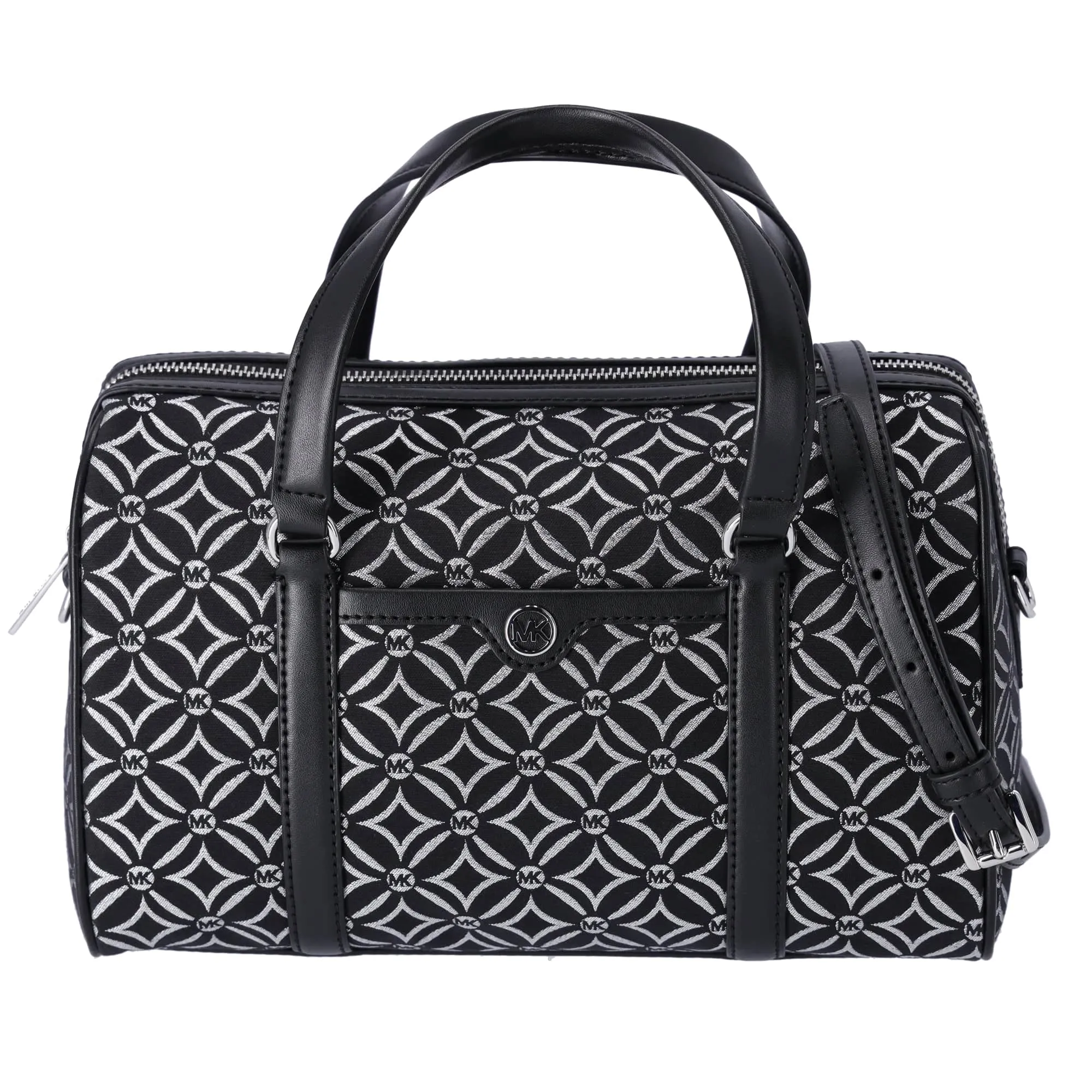 Michael Kors Jet Set Medium Duffle Bag Black Silver Logo Silver Metallic