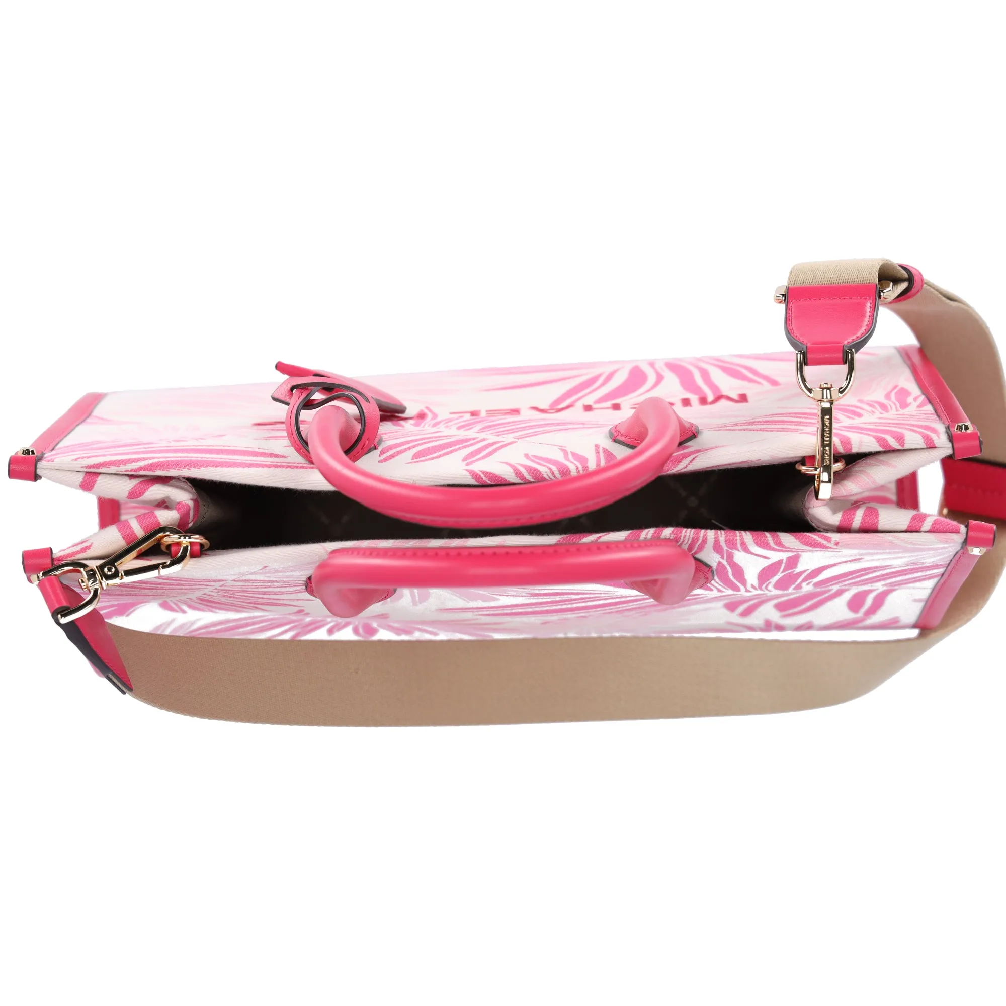 Michael Kors Mirella Medium East West Tote Electric Pink Multi Palm Tree Leaves