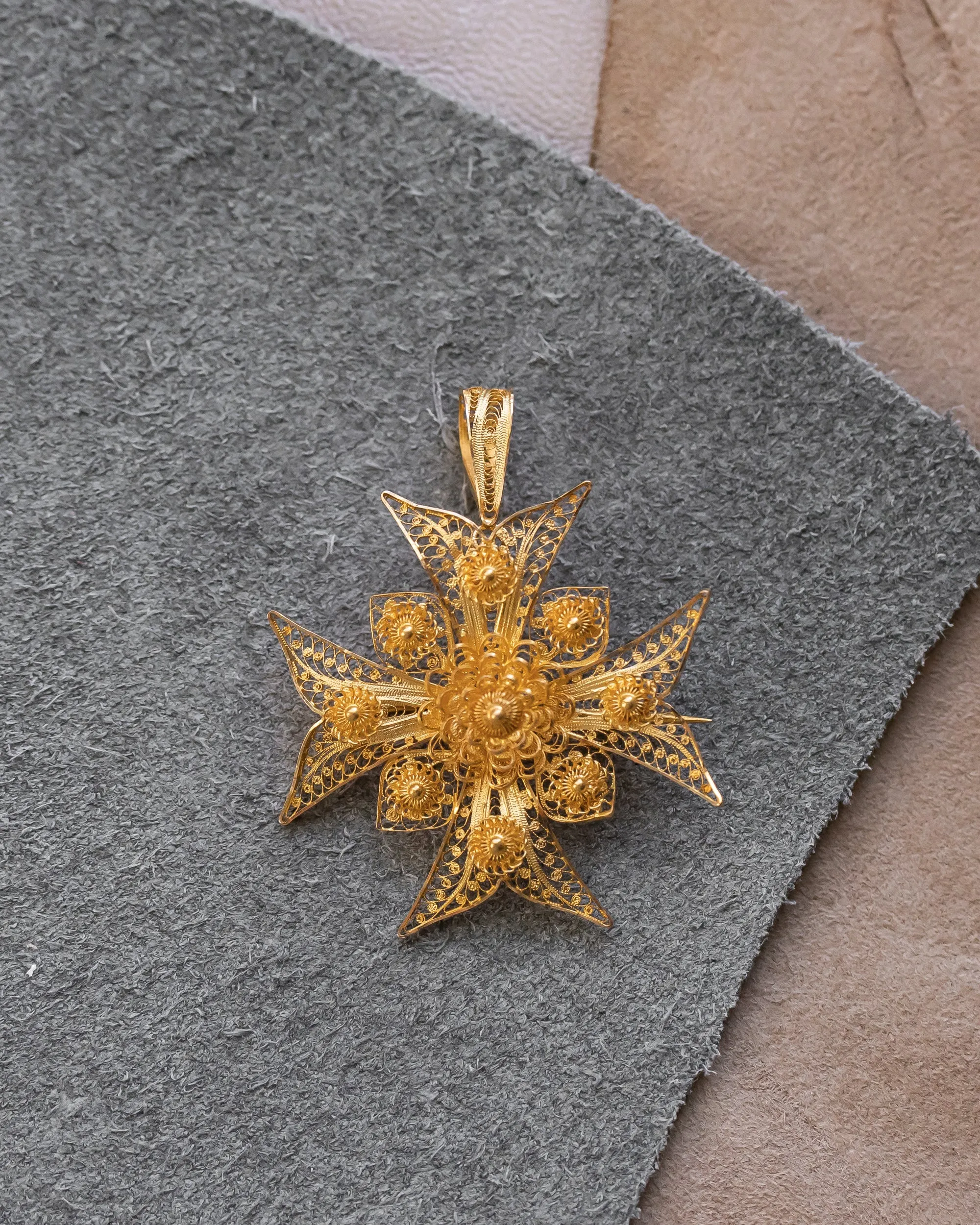 Mid Victorian 18k  Portuguese Cannetille Wirework Maltese Cross Converter Pendant