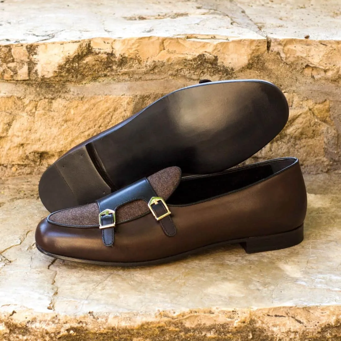 Mocassin Double Boucle en cuir et flanelle marron foncé