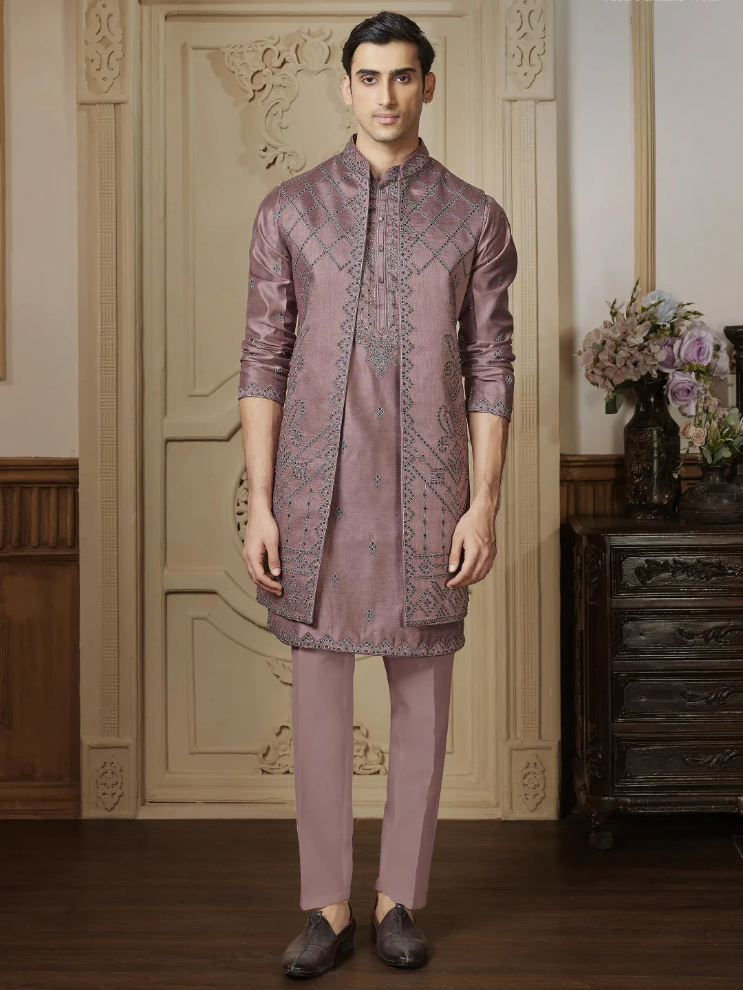 Muave and Rust Embroidered  Indo Western Set