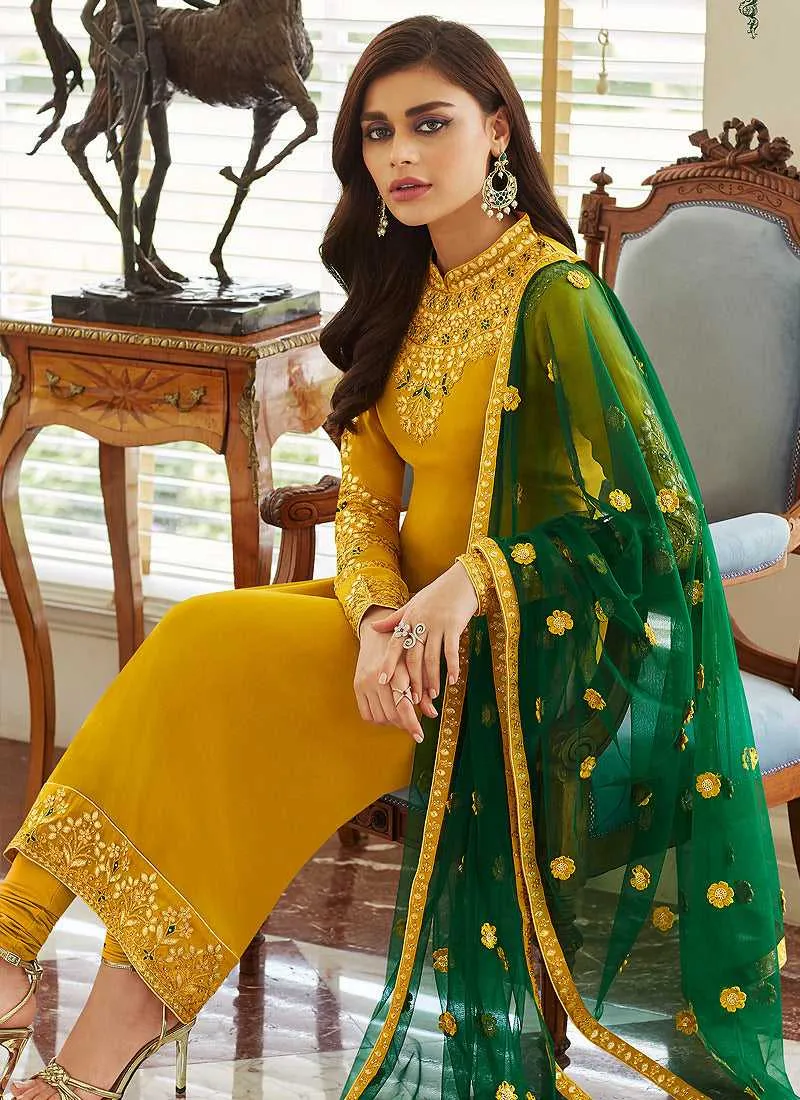 Mustard and Gold Embroidered Straight Pant Style Suit