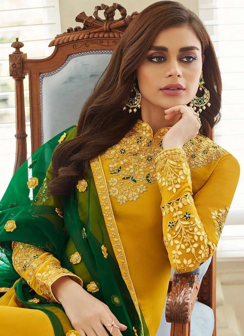Mustard and Gold Embroidered Straight Pant Style Suit