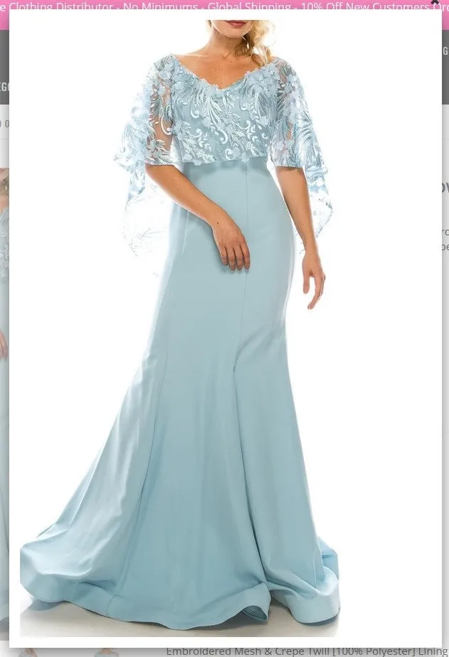 Odrella 7Y1037  Blue Trumpet Evening Gown with Embroidered Mesh Cape