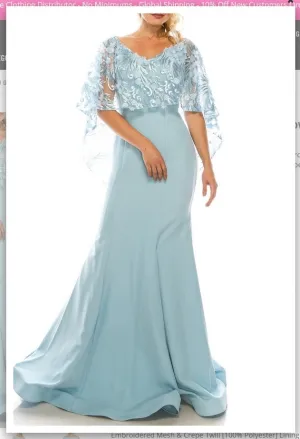 Odrella 7Y1037  Blue Trumpet Evening Gown with Embroidered Mesh Cape