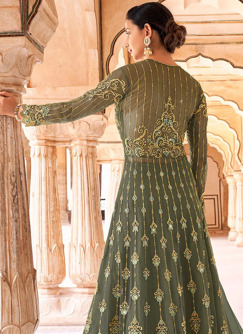 Olive Green Embroidered Anarkali Lehenga