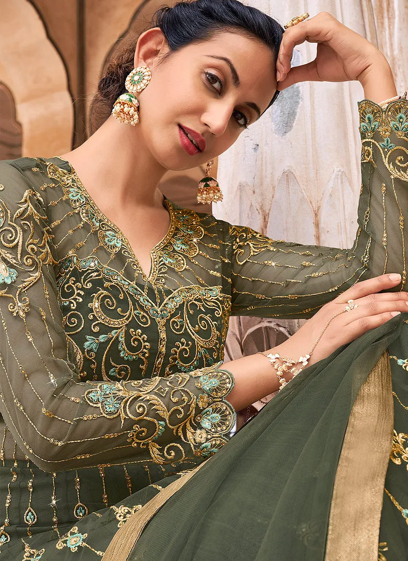 Olive Green Embroidered Anarkali Lehenga