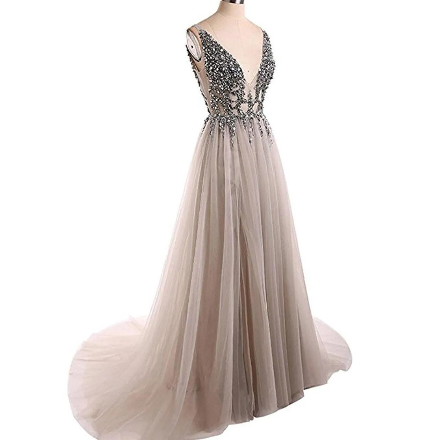 Open Back Prom Dresses Deep V-neck Long Saprkly Slit Prom Dress Sexy Evening Dress TP0966