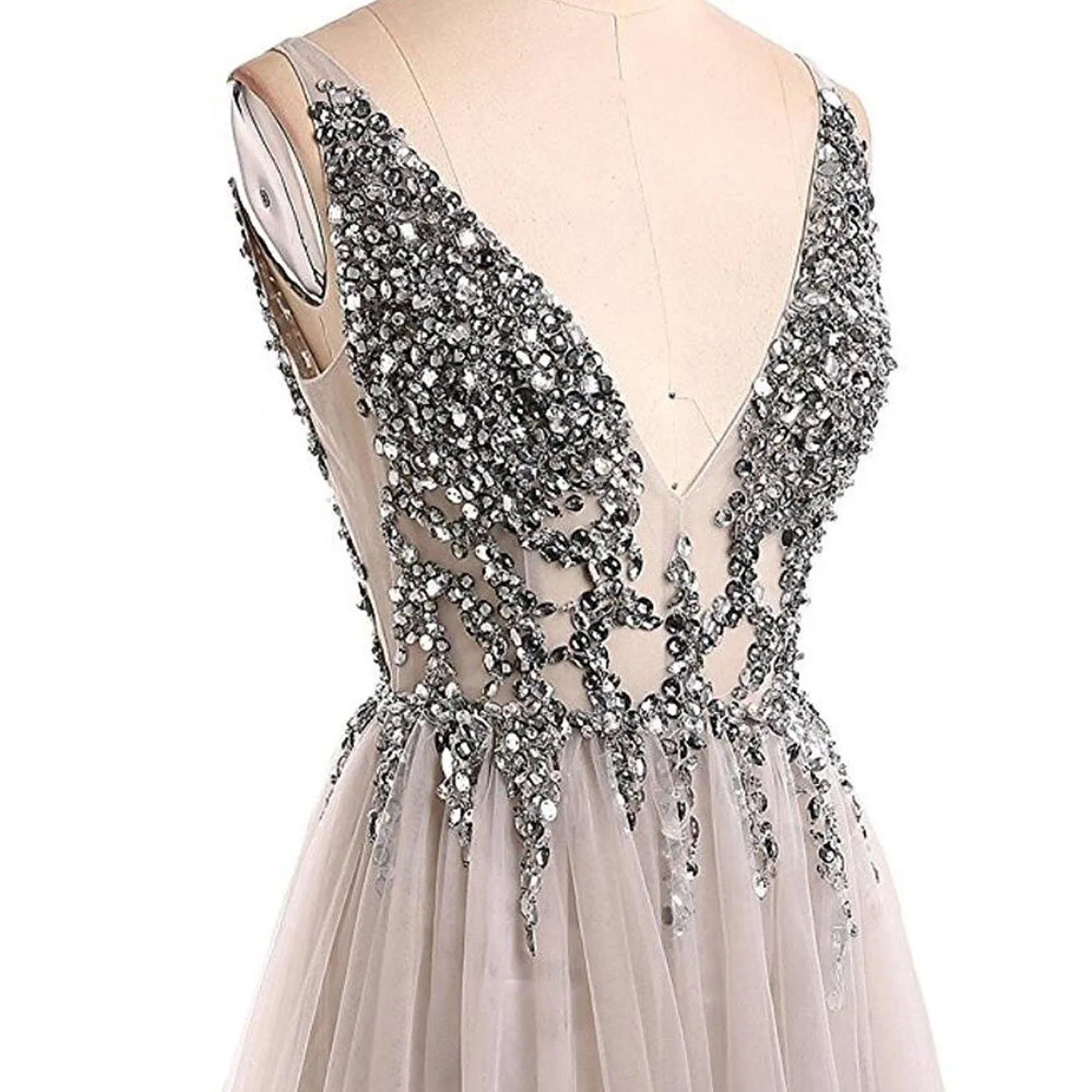 Open Back Prom Dresses Deep V-neck Long Saprkly Slit Prom Dress Sexy Evening Dress TP0966