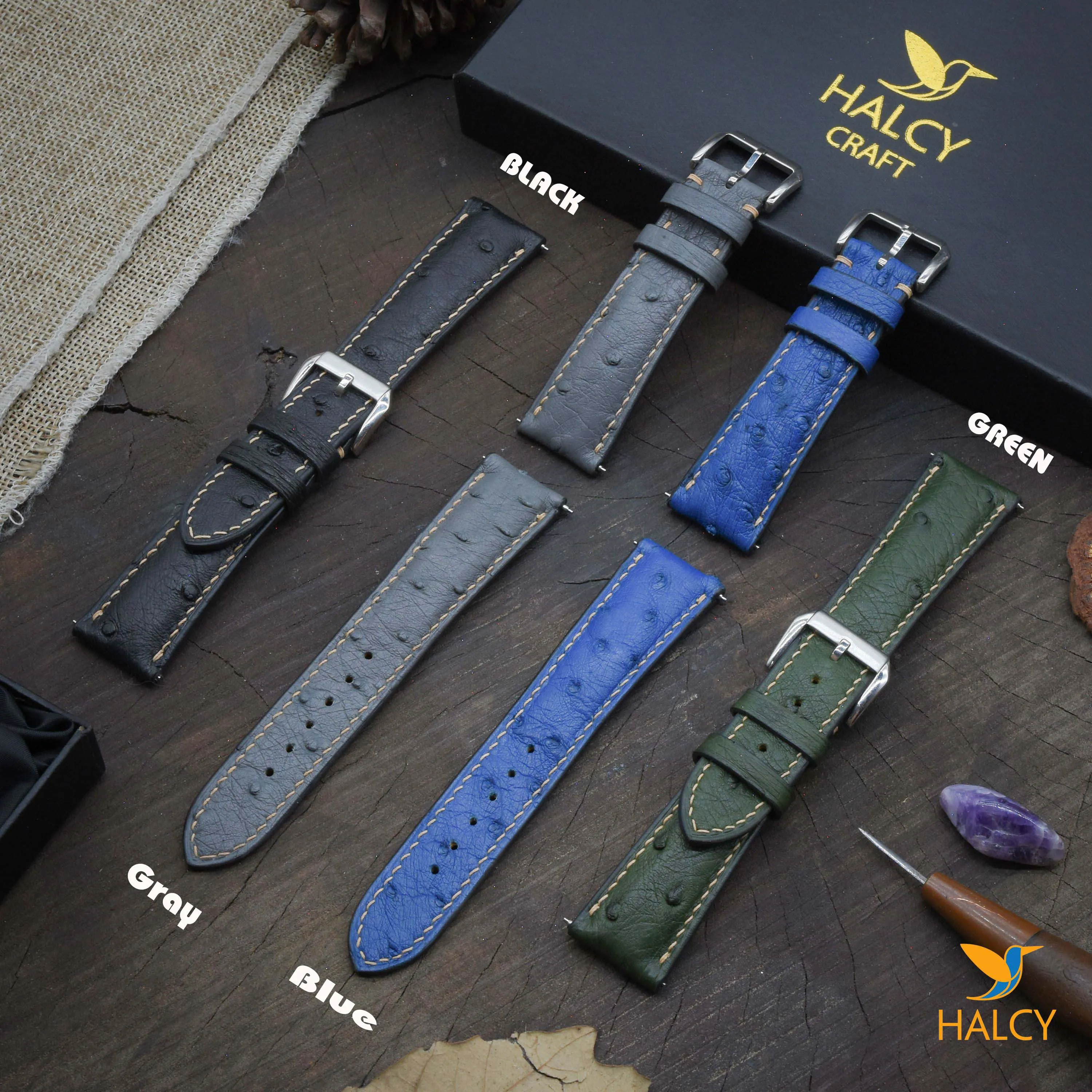 Ostrich Leather Watch strap with quick-release spring bars. Choice of Width - 16mm, 18mm, 20mm, 22mm, 24mm, Etc..