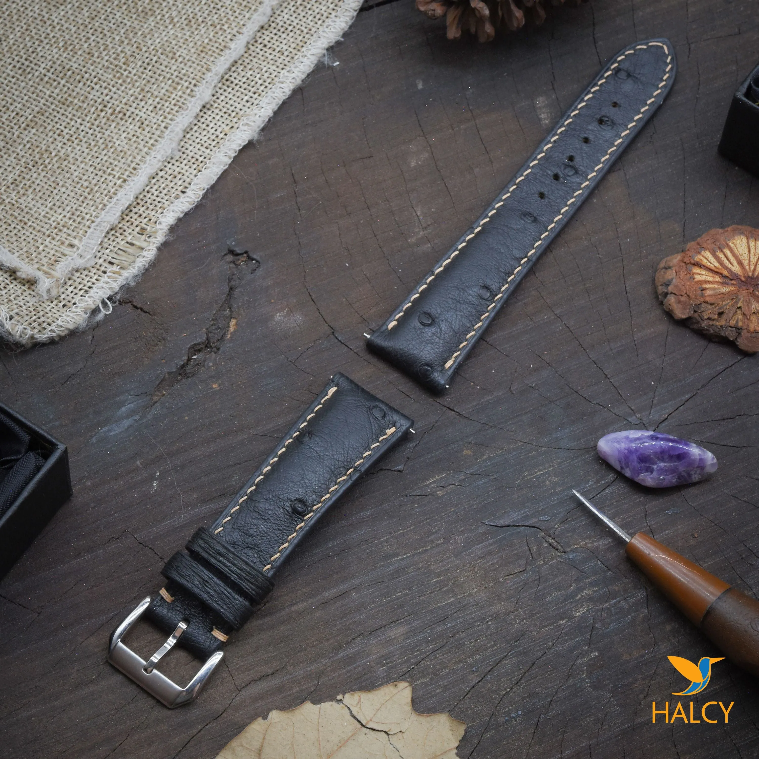 Ostrich Leather Watch strap with quick-release spring bars. Choice of Width - 16mm, 18mm, 20mm, 22mm, 24mm, Etc..