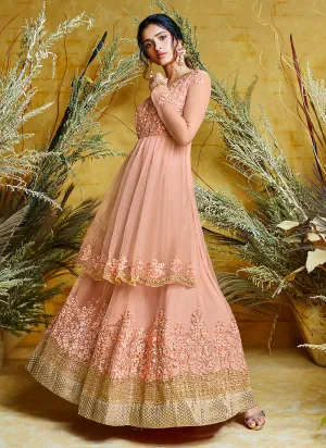 Peach And Golden Ethnic Embroidered Layered Bridal Anarkali Suit