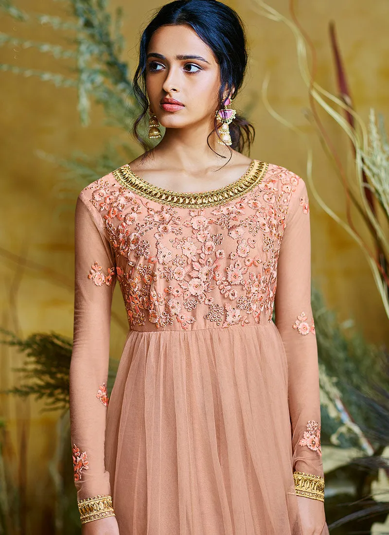 Peach And Golden Ethnic Embroidered Layered Bridal Anarkali Suit