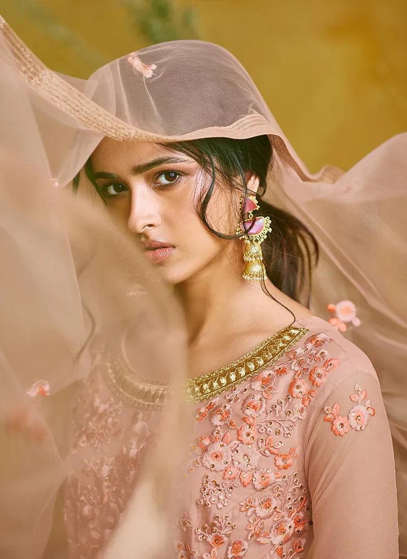 Peach And Golden Ethnic Embroidered Layered Bridal Anarkali Suit