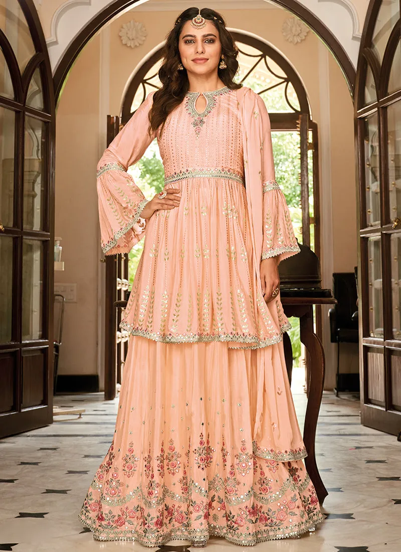 Peach Mirror Work Embroidery Anarkali Lehenga Suit