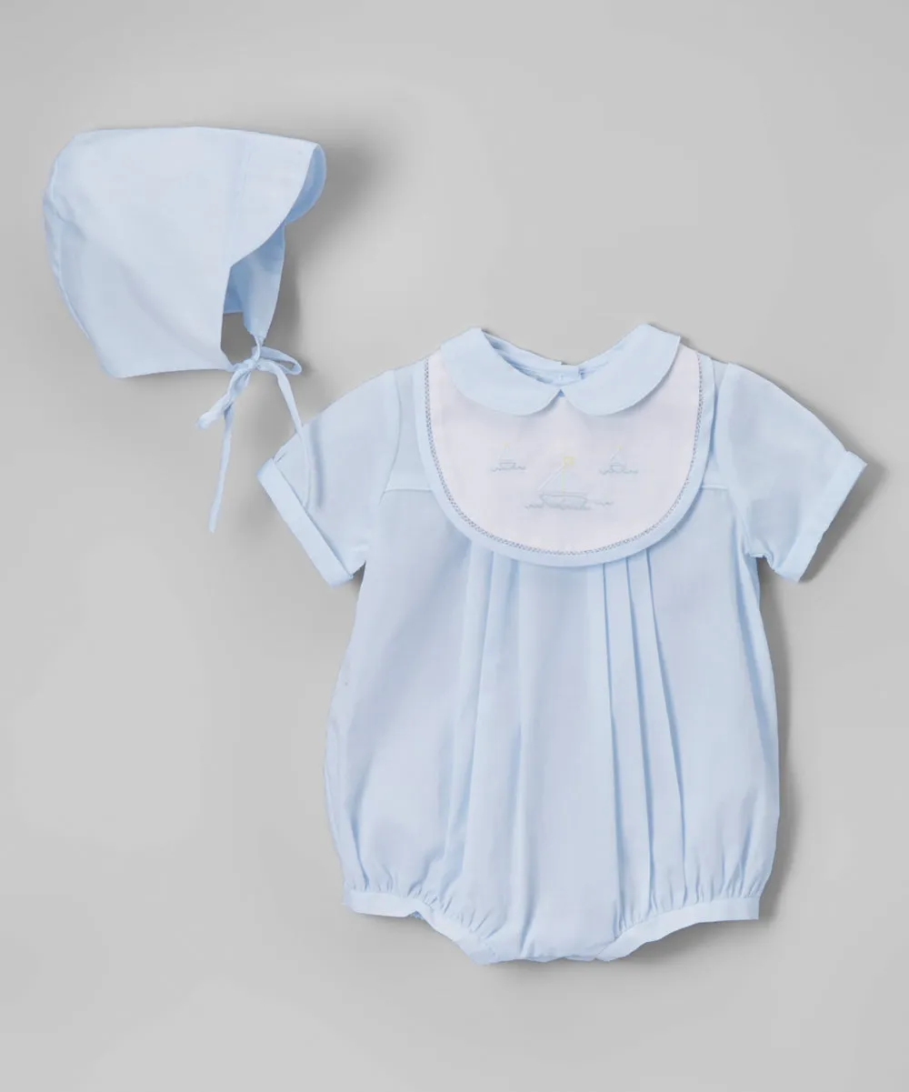 Petit Ami Boys Blue Sailboat Romper with Bib & Hat Newborn 3 6 9 Months