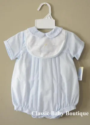Petit Ami Boys Blue Sailboat Romper with Bib & Hat Newborn 3 6 9 Months