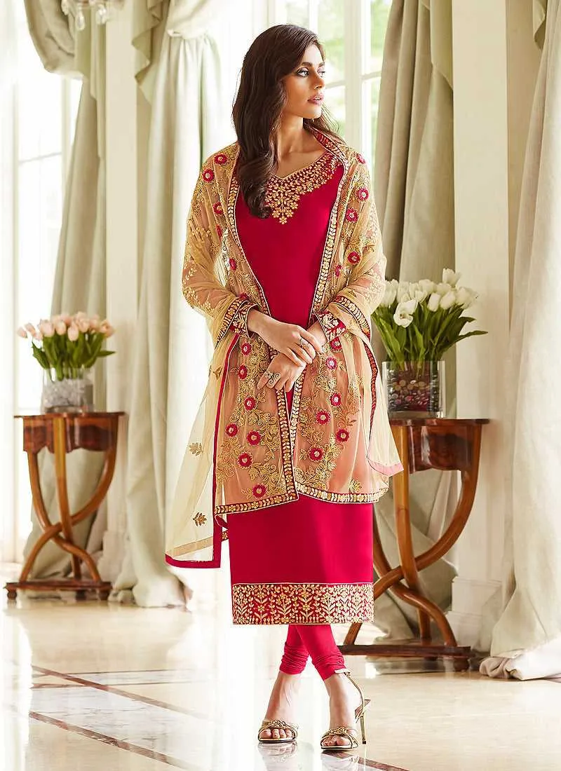 Pink and Gold Embroidered Straight Pant Style Suit