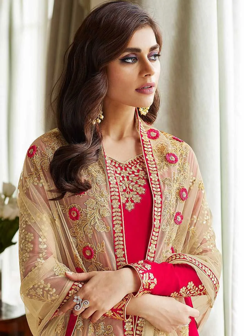 Pink and Gold Embroidered Straight Pant Style Suit