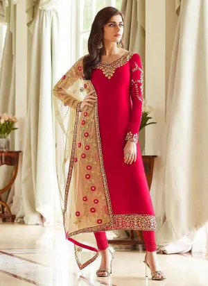 Pink and Gold Embroidered Straight Pant Style Suit